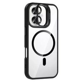Fuchsia İphone 16 Plus İle Uyumlu Remim Lensli Siyah Kablosuz Şarj Özellikli Standlı Kapak