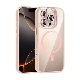 Fuchsia İphone 16 Pro İle Uyumlu Remim Lensli Pembe Kablosuz Şarj Özellikli Standlı Kapak