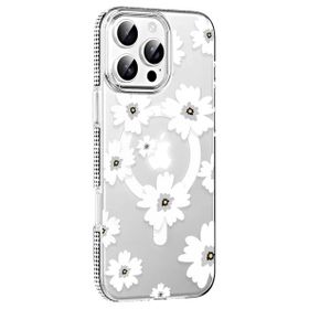 Fuchsia İphone 16 Pro Max İle Uyumlu Floral Beyaz Kablosuz Şarj Özellikli Kapak