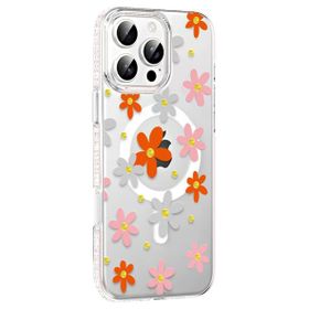 Fuchsia İphone 16 Pro Max İle Uyumlu Floral Turuncu Kablosuz Şarj Özellikli Kapak