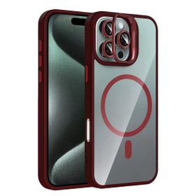 Fuchsia İphone 16 Pro Max Uyumlu Remim Lensli Bordo Kablosuz Şarj Özellikli Standlı Kapak