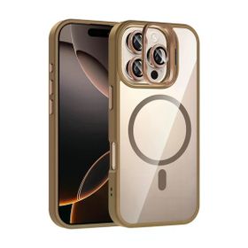 Fuchsia İphone 16 Pro Max Uyumlu Remim Lensli Kahverengi Kablosuz Şarj Özellikli Standlı Kapak