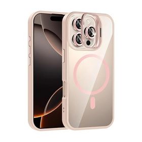 Fuchsia İphone 16 Pro Max Uyumlu Remim Lensli Pembe Kablosuz Şarj Özellikli Standlı Kapak