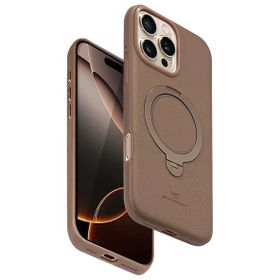 Fuchsia İphone 16 Pro Uyumlu Vapor Gold Deri Kablosuz Şarj Özellikli Standlı Kılıf
