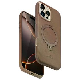 Fuchsia İphone 16 Pro Uyumlu Vapor Gold Deri Kablosuz Şarj Özellikli Standlı Kılıf