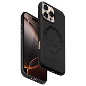 Fuchsia İphone 16 Pro Uyumlu Vapor Siyah Deri Kablosuz Şarj Özellikli Standlı Kılıf