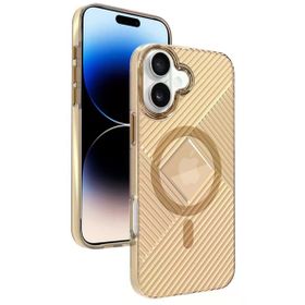 Fuchsia İphone 16 Uyumlu Stella Gold Pc Sert Kablosuz Şarj Özellikli Kılıf