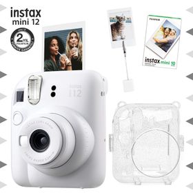 Fujifilm Instax Mini 12 Beyaz Fotoğraf Makinesi 10'lu Film Kıskaçlı Resim Standı ve Simli Pleksi Kılıf Seti