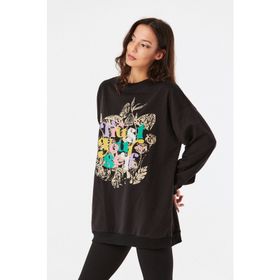 FullaModa Baskılı Bisiklet Yaka Ekru Kadın Sweatshirt