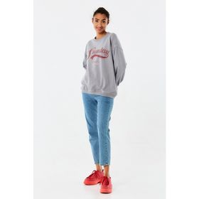 FullaModa Baskılı Bisiklet Yaka Ekru Kadın Sweatshirt