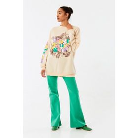 FullaModa Baskılı Bisiklet Yaka Ekru Kadın Sweatshirt
