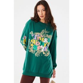 FullaModa Baskılı Bisiklet Yaka Ekru Kadın Sweatshirt