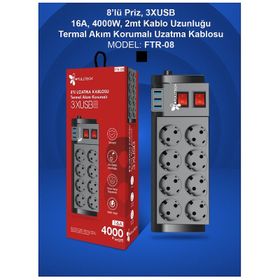 Fulltech FTR-08 3X USB 2 m 8'li Priz Uzatma Kablosu