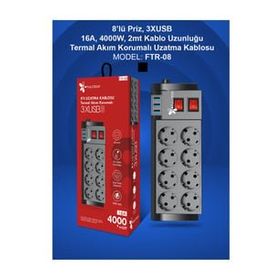 Fulltech FTR-08 3X USB 2 m 8'li Priz Uzatma Kablosu