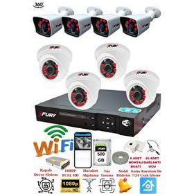 Fury 14125525 4 İç 4 Dış Kameralı 5MP Lens 2MP Görüntü 500GB Gece Görüşlü Full HD Güvenlik Kamerası
