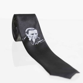 Gaffy AK-09 Atatürk Ve İmza Baskili Slim Fit Saten Siyah Kravat