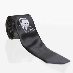 Gaffy Çocuk Boy Atatürk ve İmza Baskılı Saten Siyah Kravat