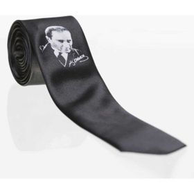 Gaffy Çocuk Boy Atatürk ve İmza Baskılı Saten Siyah Kravat