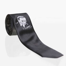 Gaffy Çocuk Boy Atatürk ve İmza Baskılı Saten Siyah Kravat