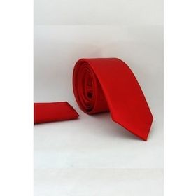 Gaffy KLR GYM-SK02 Kırmızı Slim Fit İnce Düz Renk Mendilli Saten Kravat