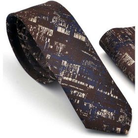 Gaffy SDK-220710 Bej Lacivert Motif Desenli Kahverengi Dokuma Kumaş Mendilli Slim Fit Kravat
