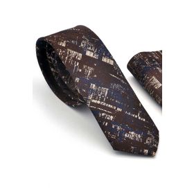Gaffy SDK-220710 Bej Lacivert Motif Desenli Kahverengi Dokuma Kumaş Mendilli Slim Fit Kravat