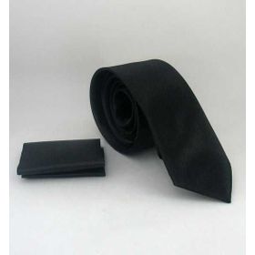 Gaffy SS-01 Siyah Slim Fit Düz Renk Mendilli Saten Kravat