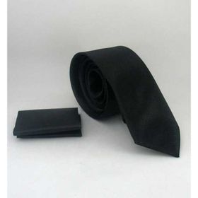 Gaffy SS-01 Siyah Slim Fit Düz Renk Mendilli Saten Kravat