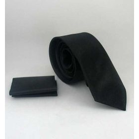 Gaffy SS-01 Siyah Slim Fit Düz Renk Mendilli Saten Kravat