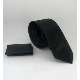 Gaffy SS-01 Siyah Slim Fit Düz Renk Mendilli Saten Kravat