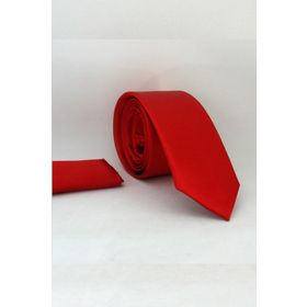 Gaffy SS-02 Kırmızı Slim Fit Düz Renk Mendilli Saten Kravat