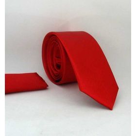 Gaffy SS-02 Kırmızı Slim Fit Düz Renk Mendilli Saten Kravat