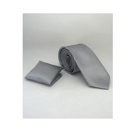Gaffy SS-04 Gri Slim Fit Düz Renk Mendilli Saten Kravat