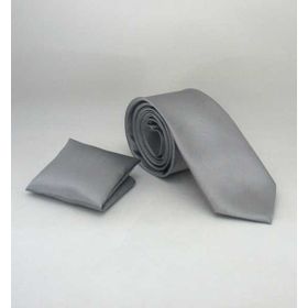 Gaffy SS-04 Gri Slim Fit Düz Renk Mendilli Saten Kravat