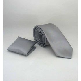Gaffy SS-04 Gri Slim Fit Düz Renk Mendilli Saten Kravat