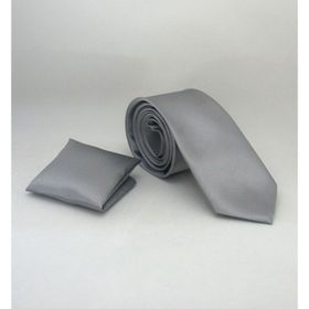 Gaffy SS-04 Gri Slim Fit Düz Renk Mendilli Saten Kravat
