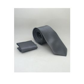Gaffy SS-05 Füme Slim Fit Düz Renk Mendilli Saten Kravat