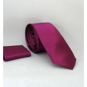 Gaffy SS-06 Mürdüm Slim Fit Düz Renk Mendilli Saten Kravat