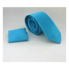 Gaffy SS-15 Turkuaz Slim Fit Düz Renk Mendilli Saten Kravat