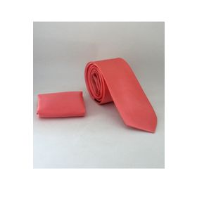 Gaffy SS-45 Mercan Slim Fit Düz Renk Mendilli Saten Kravat