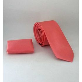 Gaffy SS-45 Mercan Slim Fit Düz Renk Mendilli Saten Kravat