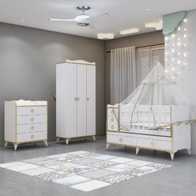 Garaj Home Alya Gold Yıldız 3 Şifonyer Kombinli Beyaz Bebek Odası Yatak Uyku Seti