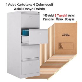 Garanti Ofis Metal 100 Adet 8 Sayfalı Askılı Personel Özlük Dosyası ve 1 Adet Dört Çekmeceli Kartoteks Dosya Dolabı