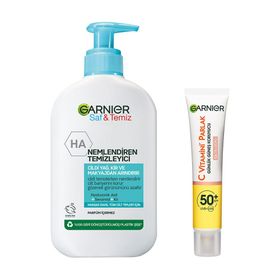 Garnier 250 ml Saf&Temiz Nemlendiren Temizleyici & 40 ml C Vitamini Parlak Günlük Uv Korumalı Güneş Yüz Kremi Spf50 Işıltılı Doku Cilt Bakım Seti