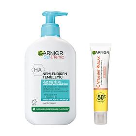 Garnier 250 ml Saf&Temiz Nemlendiren Temizleyici & 40 ml C Vitamini Parlak Günlük Uv Korumalı Güneş Yüz Kremi Spf50 Işıltılı Doku Cilt Bakım Seti