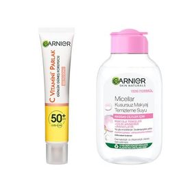 Garnier 40 ml C Vitamini Parlak Günlük Uv Korumalı Güneş Yüz Kremi Spf50 Işıltılı Doku & 100 ml Micellar Kusursuz Makyaj Temizleme Suyu Cilt Bakım Seti