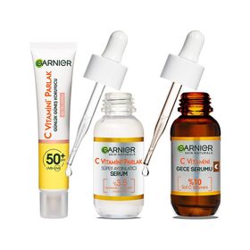 Garnier 40 ml C Vitamini Parlak Günlük Uv Korumalı Güneş Yüz Kremi Spf50 Işıltılı Doku & C Vitamini Parlak Süper Aydınlatıcı Serum & Garnier C Vitamini Süper Aydınlatıcı Gece Serumu Cilt Bakım Seti