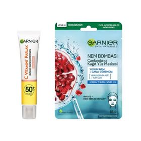 Garnier C Vitamini Parlak Günlük UV Korumalı Güneş Yüz Kremi SPF50 Işıltılı Doku 40 ml + Nem Bombası Canlandırıcı Kağıt Maske Cilt Bakım Seti