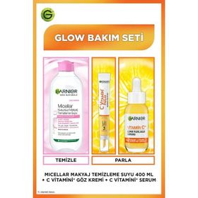 Garnier C Vitamini Parlak Süper Aydınlatıcı Serum 30 ml ve Garnier C Vitamini Parlak Aydınlatıcı Göz Kremi Makyaj Temizleme Suyu
