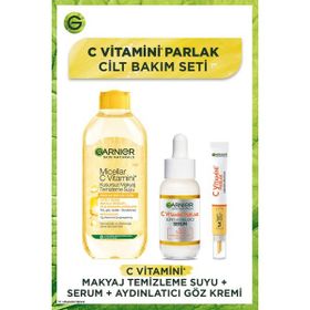 Garnier C Vitamini Parlak Süper Aydınlatıcı Serum 30 ml ve Garnier C Vitamini Parlak Aydınlatıcı Göz Kremi Makyaj Temizleme Suyu